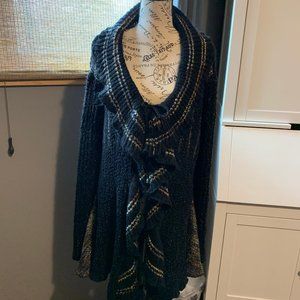 3X Black sweater with side inset panels (oranges and browns)